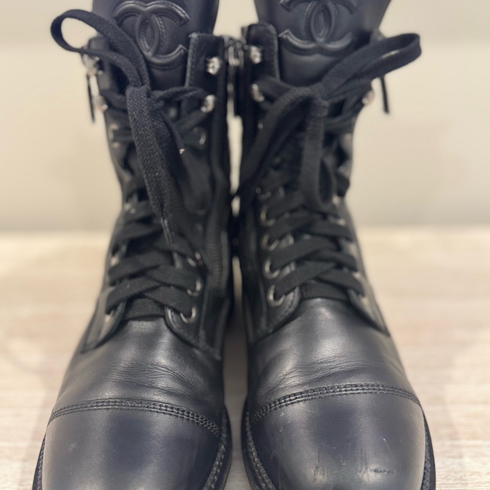 CHANEL Black Leather Lace-Up Boots